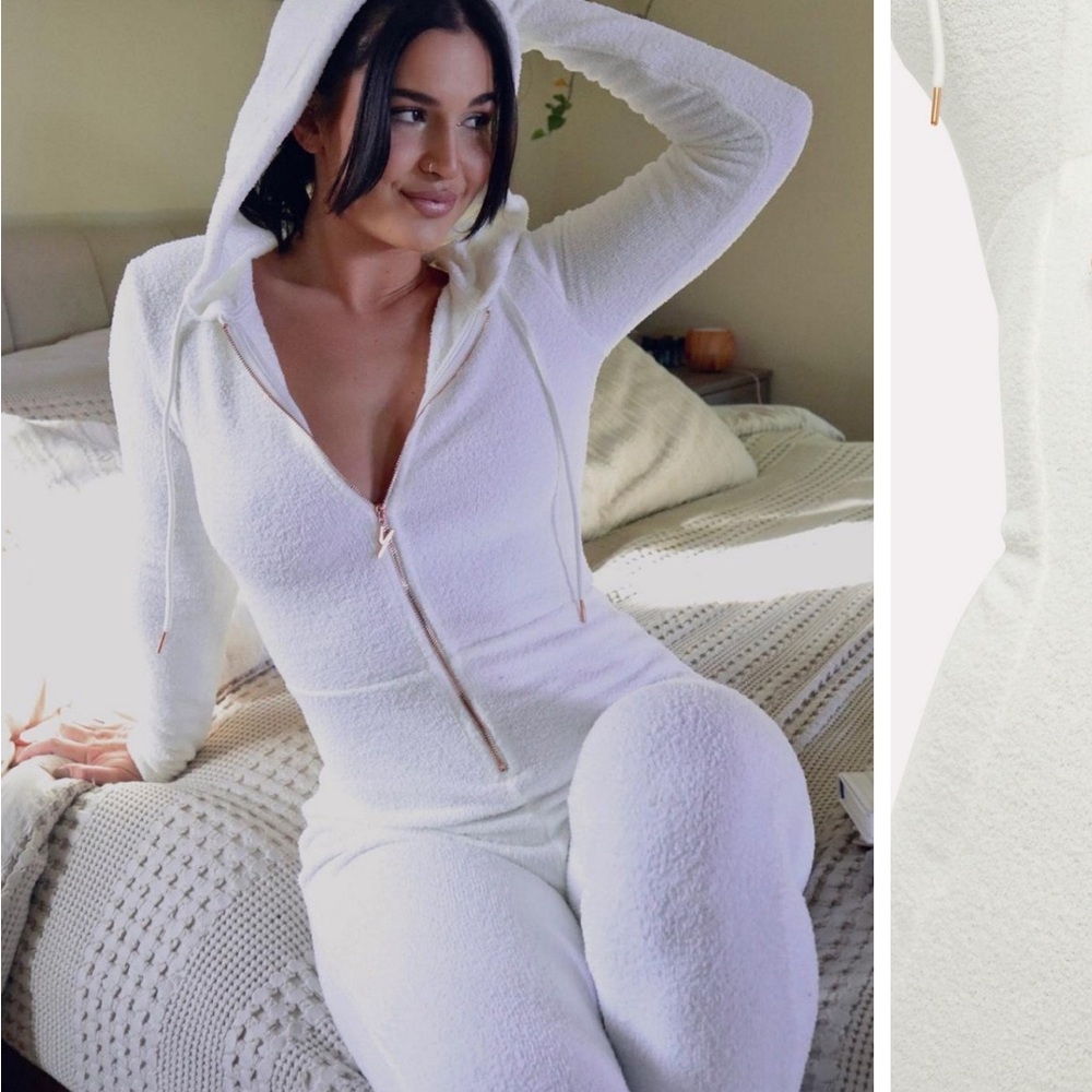 YITTY Plush White Hooded Jumpsuit